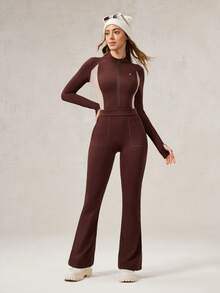 OutZeal 女士冬季保暖户外连体衣，圣诞节服装，滑雪日常穿着，速干柔软拉绒内衬，前拉链带口袋 - 棕色 - 查看 5