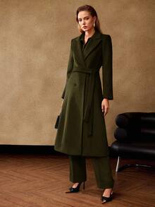 MOTF PREMIUM WOOL BLEND SOLID PEAK COLLAR BELTED OVERCOAT, AUTUMN/WINTER - Army Green - View 7