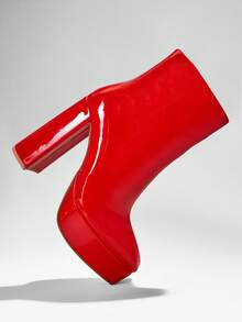 SHUZIA Giày nữ Giày bốt cổ điển có khóa kéo bên trong Mũi vuông Đế vuông Đế vuông Giày bốt đế vuông Giày bốt màu đỏ bóng - Đỏ - Xem 7