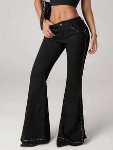 SHEIN ICON Quần ống loe xẻ gấu đinh tán dành cho nữ, quần dài vừa vặn phong cách Y2K thường ngày sang trọng - màu đen - Xem 5