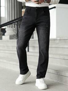 Manfinity Homme Men's Pocket Distressed Straight Loose Casual Versatile Jeans - Black - View 4