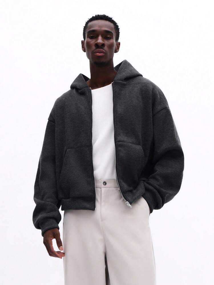 SUMWON Crop Fit Charcoal Brushed Fleece Full-Zip Hoodie Without Drawstring Hood And Centre Pocket For Casual Winter Layering Plain