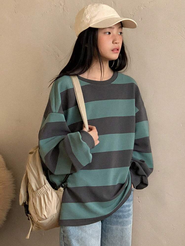 Tween Girls Crew Neck Striped Knit T-Shirt Long Sleeve Tops Girl