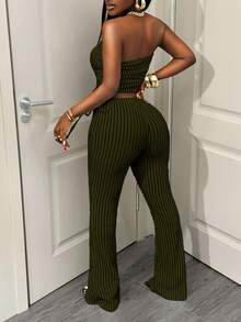 Zolique Women's Sexy Striped Bandeau Top And Pants 2 Pieces Set - Olive Green - View 2