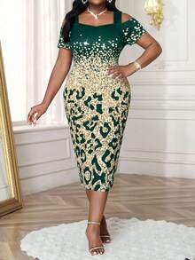 SHEIN Lady Đầm bodycon tay ngắn hở vai cỡ lớn thanh lịch cho nữ, trang phục đi biển, đầm trang trọng cho nữ - Màu xanh lá cây đậm - Xem 5