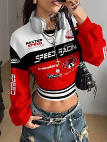 Coolane 这款休闲简约街头复古风红黑撞色赛车图案印花保暖卫衣，适合秋冬季节穿着，风格百搭，兼具复古、学院风、性感、可爱、Y2K、椰子女孩、波西米亚风、嬉皮风和音乐节元素。 - 彩色 - 查看 5