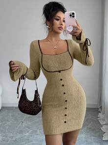 Modelyn Women's Butterfly Tie Elegant Short Dress, Autumn/Winter - Khaki - View 1