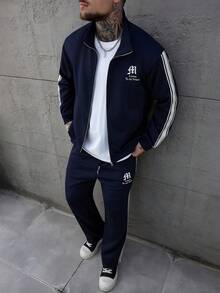 SLATEMANN Mature Casual, Webbing, Letter Print Navy Blue Men's Jacket Set Men S Jogging Set Men S Track Suit Men 2 Piece Set Men S Sweat Suit Set Men 2 Piece Set Big An Tall