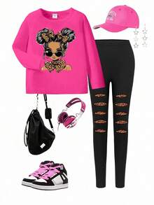 SHEIN Autumn/Winter Young Girls Casual Fashion Creative Personalized Fresh Minimalist Cute Kawaii Girl Silhouette Stylish Pattern Print Long Sleeve T-Shirt And Pants 2-Piece Cozy Fall & Winter Outfit - Multicolor - View 4