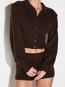 KIZN Ribbed Knit Button Up Cropped Cardigan With Collared Neckline Long Sleeve Cinched Waist Fall Winter Cozy Knitted Top - Brown - View 4