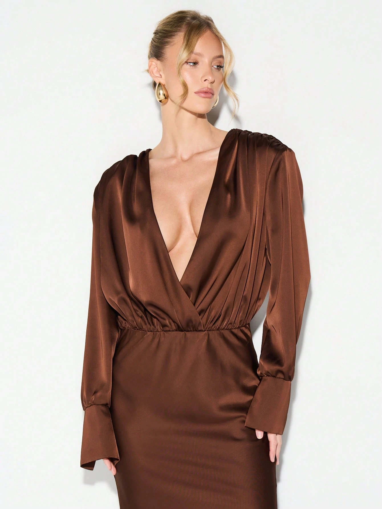 KIZN Deep V-Neck Satin Draped Column Maxi Dress