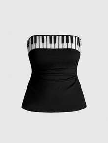 ROMWE Grunge Punk Plus Size Y2K Millennium Piano Keyboard Print Cropped Camisole Top - Black - View 1