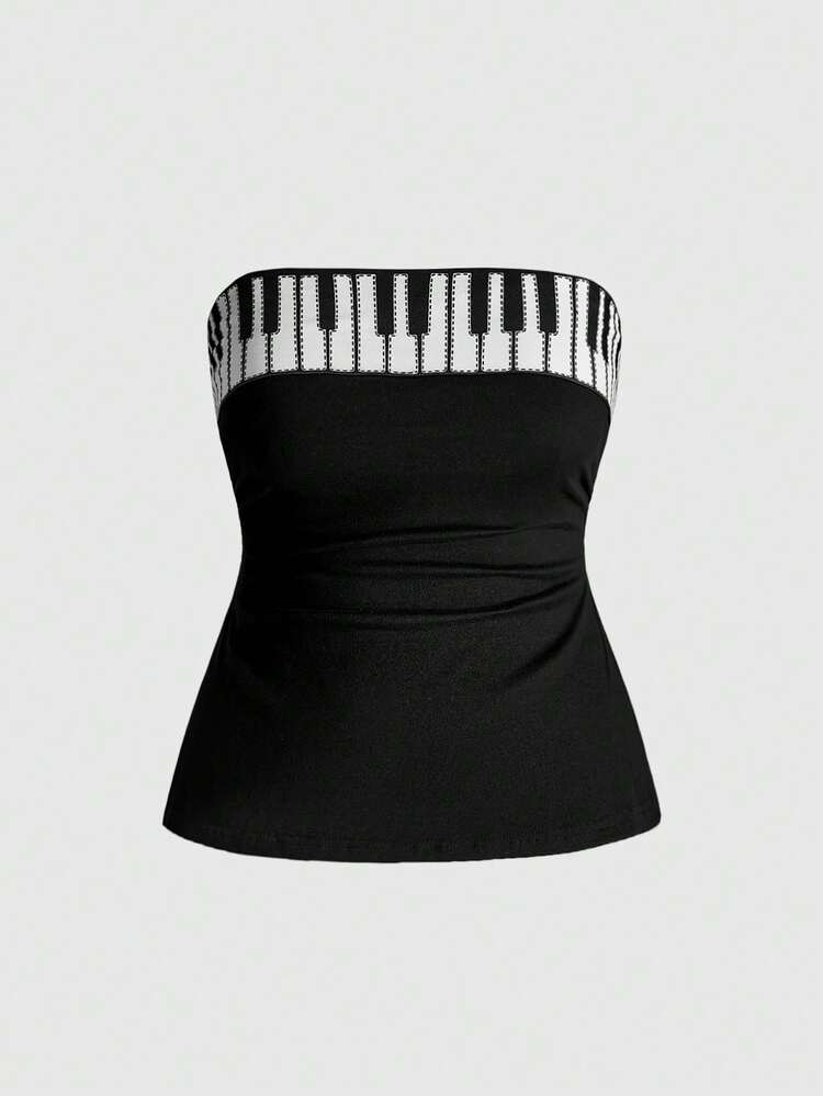 ROMWE Grunge Punk Plus Size Y2K Millennium Piano Keyboard Print Cropped Camisole Top - Black - View 1