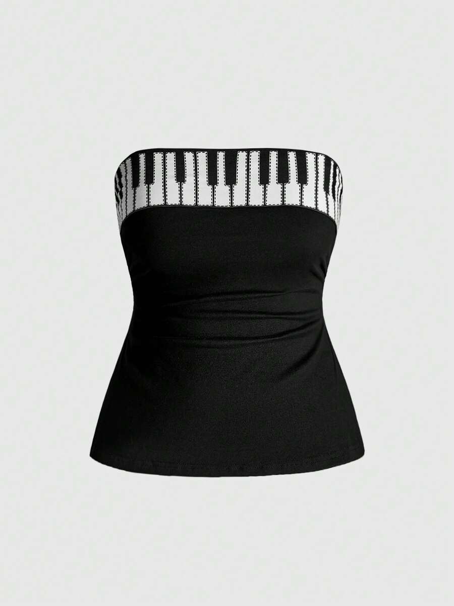 ROMWE Grunge Punk Plus Size Y2K Millennium Piano Keyboard Print Cropped Camisole Top - Black - View 1