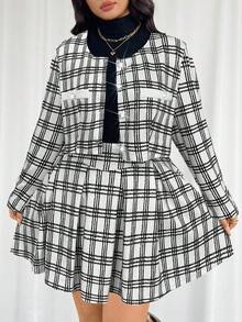 Firerie Plus Size Women's Elegant Commuter Workwear Sophisticated High-End Afternoon Tea Slightly Sexy Date Music Concert Collegiate Vintage Black & White Plaid Print Long Sleeve Jacket & Pleated Mini Skirt, Back To School Outfit Flannel Wednesday Addams In Fall/Winter