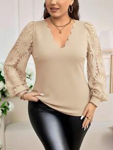 Reflora Áo cánh ren hoa hướng dương thêu họa tiết vỏ sò cỡ lớn cho nữ, Thu/Đông - Màu be - Xem 5