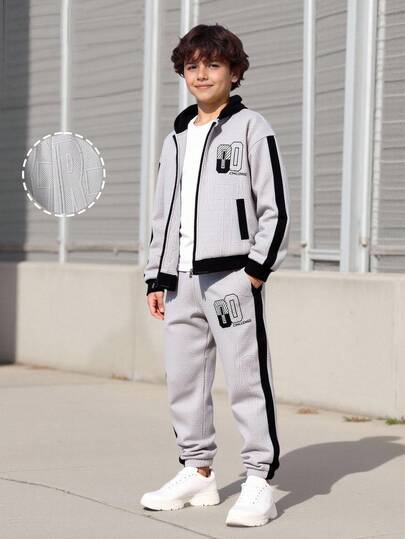 Vacaura 2 Pieces Set: Older Boys' Fashion Textured Letter Print Hooded Zip-Up Jacket And Drawstring Ankle Sports Pants, Spring/Autumn/Winter Fall