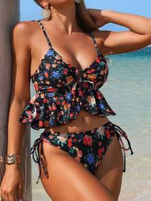 Swim Mod 女士碎花荷叶边系带蝴蝶结抽绳修身小碎花吊带比基尼上衣 - 彩色 - 查看 3