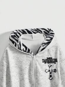 ROMWE Grunge Punk Street Fashion Zebra, Skull, Cross, English Embroidery 2 In 1 Loose Women Sweatshirt - White - View 4