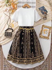 SHEIN Explorewe Tween Girls' Two Pieces Suit; Middle Eastern T-Shirt + Skirt Two Pieces Suit; Moon And Star Print, Simple And Versatile - Black - View 2