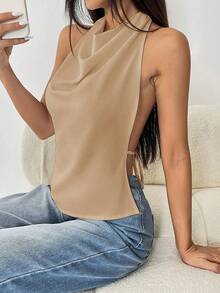 Flirla Áo ba lỗ hở lưng cổ yếm màu trơn tối giản dành cho nữ, mùa hè - Màu Khaki - Xem 4