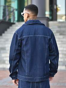 Devon Thys Men's Fashionable Casual Street Style Denim Jacket, Versatile Young Streetwear College Jacket, Fall - Dark Wash - View 3