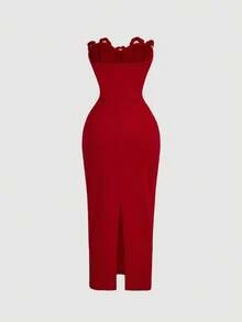 SHEIN MOD 红色3D立体花朵褶皱修身抹胸中长连衣裙，适合秋季婚礼宾客、返校节、情人节等场合。