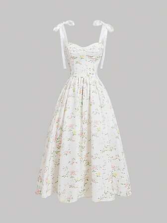 SHEIN MOD Vestido maxi de verano para mujer con estampado floral romántico, tirantes y cintura anudada, estilo Bridgerton, vestido floral