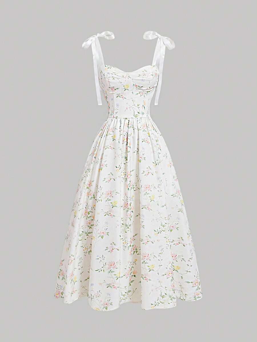 SHEIN MOD 浪漫印花肩带系带女士夏季连衣裙