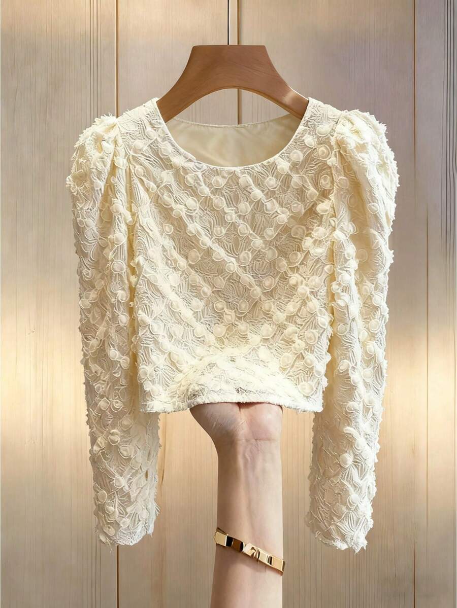 SHEIN Franclia Women's Ivory Lace Crochet Long Sleeve Blouse Lace Top Long Sleeve Lace Blouse Lacey Top Puffy Sleeve Top White Top - Apricot - View 1