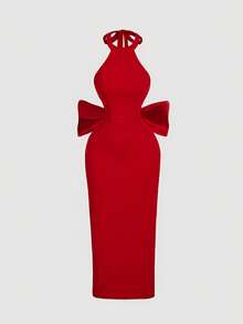 SHEIN MOD Vestido de mujer con escote halter y lazo en la espalda en color rojo, vestido elegante y clásico para el Día de San Valentín, vestido de cumpleaños para mujer, atuendo sexy para club, vestido para invitada de boda, vestido para cita nocturna - Rojo - Ver 1
