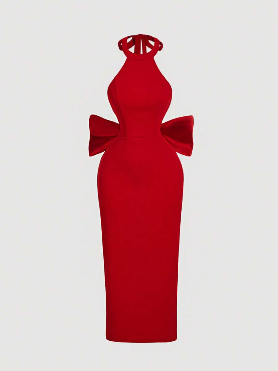 SHEIN MOD Vestido de mujer con escote halter y lazo en la espalda en color rojo, vestido elegante y clásico para el Día de San Valentín, vestido de cumpleaños para mujer, atuendo sexy para club, vestido para invitada de boda, vestido para cita nocturna - Rojo - Ver 1