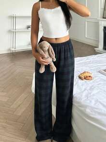 少女甜美可爱撞色蕾丝V领吊带背心和格子裤家居服 - 綠色 - 查看 6