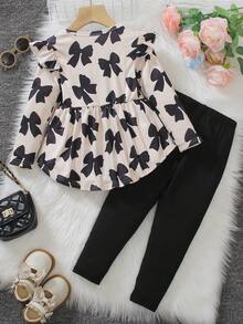 Elladie kids 2件套女童爱心印花荷叶边长袖T恤和打底裤，春秋季 - 彩色 - 查看 2