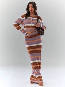 Glamine 女士休闲条纹落肩长袖针织开衫和针织半裙套装，秋冬款 - 紫色 - 查看 3