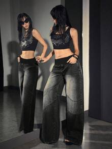 SHEIN PETITE Jeans anchos y sueltos de mujer con cintura de contraste, versátiles y casuales