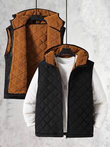 Vacaura 青少年男童时尚休闲菱形图案连帽背心，适合日常通勤，百搭实用，秋冬季款