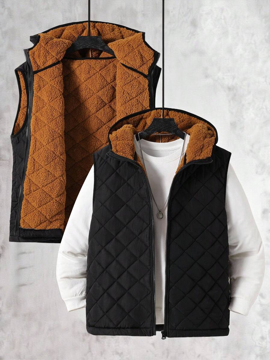 Vacaura 青少年男童时尚休闲菱形图案连帽背心，适合日常通勤，百搭实用，秋冬季款