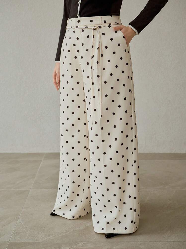 PLUS SIZE WOMEN'S ELEGANT POLKA DOT PRINT WIDE LEG PANTS, SPRING/SUMMER