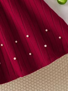 Girls' Korean Style Elegant Sweet High Collar Puff Long Sleeve Pearl Embellished Waist A-Line Casual Chic Dress, Suitable For Christmas, Halloween, Party, Daily Wear, Spring/Autumn/Winter - Burgundy - View 5