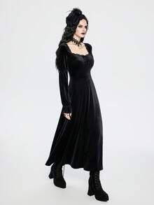 Women's Gothic Elegant Lace Trim Velvet Ruffle Collar Long Sleeve Loose Vintage Dress - Black - View 1