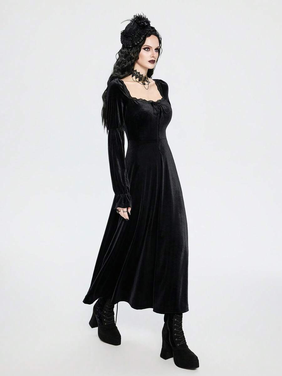 Women's Gothic Elegant Lace Trim Velvet Ruffle Collar Long Sleeve Loose Vintage Dress - Black - View 1
