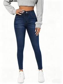 Jeans ajustados sexys para mujer] Jeans ajustados sexys para mujer, tejido elástico de mezcla de viscosa, color liso, con detalle de botón, para pantalones tejidos de otoño/invierno - Azul - Ver 5