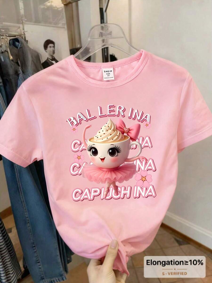 SHEIN Áo thun nữ trẻ thời trang sáng tạo dễ thương hoạt hình dễ thương Kawaii cô gái múa ba lê nơ hoa họa tiết chữ khẩu hiệu in vừa vặn màu hồng cơ bản, phù hợp với không khí - Hồng - Xem 1