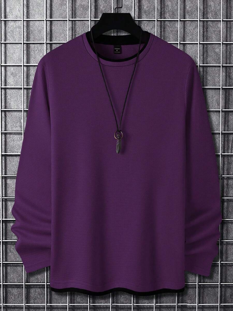 Manfinity Homme Men Solid Color Minimalist Casual Crew Neck Long Sleeve T-Shirt, Fall - Purple - View 1