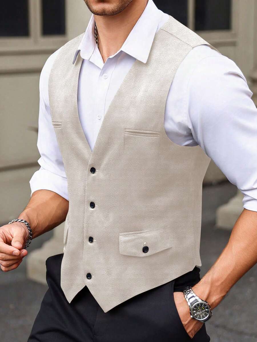Manfinity Bizformal 男士简约纯色商务西装马甲,适合工作通勤等多种场合(不含衬衫) - 杏色 - 查看 1