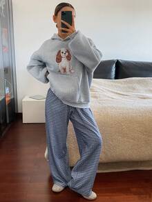 DAZY 女士狗狗印花抓绒卫衣上衣和格子睡裤套装，冬季 - 灰色 - 查看 7