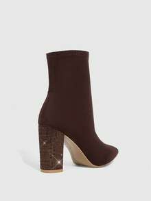 CUCCOO SZL Women's Fashionable Versatile Commuter Rhinestone Decor Chunky High Heel Ankle Boots For Christmas - Coffee Brown - View 6