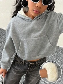 SHEIN 少女冬季纯色落肩长袖抽绳连帽短款休闲卫衣，灰色卫衣，少女校服灰色和Qhiye，圣诞节，新年，灰色卫衣，少女可爱纯色卫衣 - 灰色 - 查看 1
