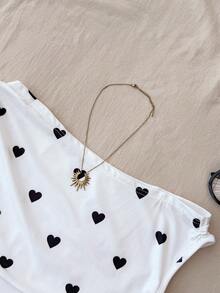 SHEIN 少女白色针织休闲简约爱心印花不对称褶皱短款上衣，适合春夏穿着，休闲百搭，个性风格，日常穿着 - 彩色 - 查看 6